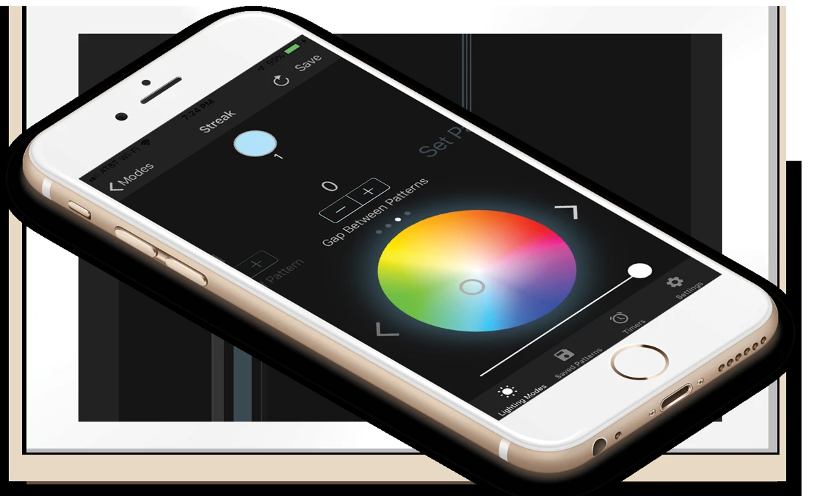 Phone lighting controls with a color wheel and pattern options; tap to explore Bright Home permanent lighting